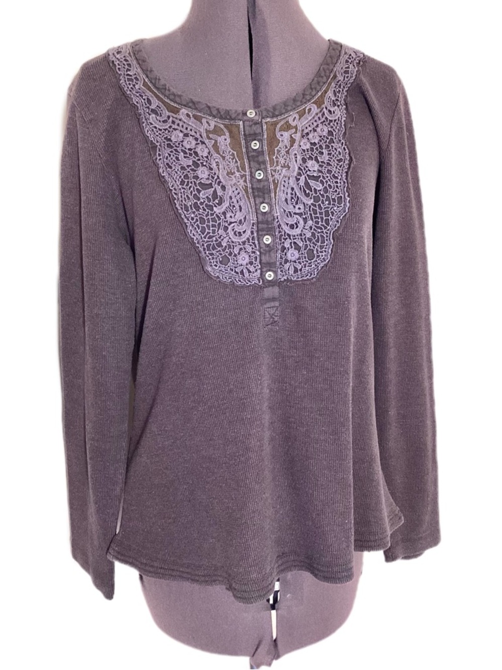 Y2K Crochet Lace Waffle Knit Thermal Henley Size L